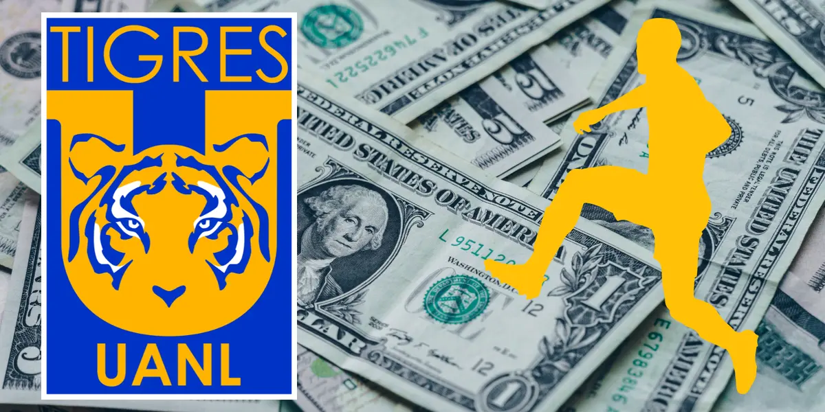 Fondo de dólares tomado de Canva, con escudo de Tigres.
