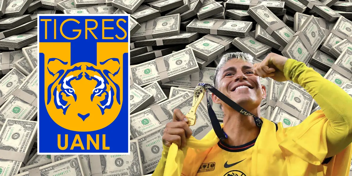 Fondo de dólares tomado de Canva, con escudo de Tigres y Calderón al frente