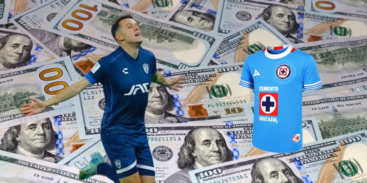 Fondo de dólares tomado de Canva, con Idrissi y jersey de Cruz Azul