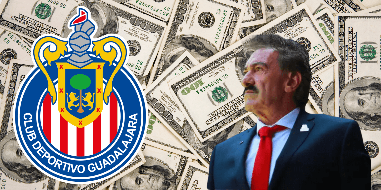 Fondo de dólares tomado de Canva, con La Volpe y escudo de Chivas