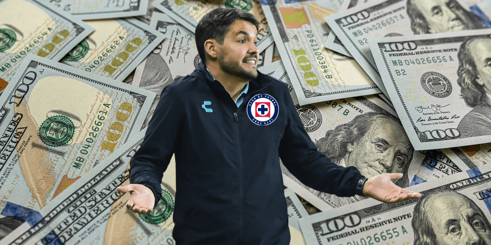 Fondo de dólares tomado de Canva, con Larcamón al frente