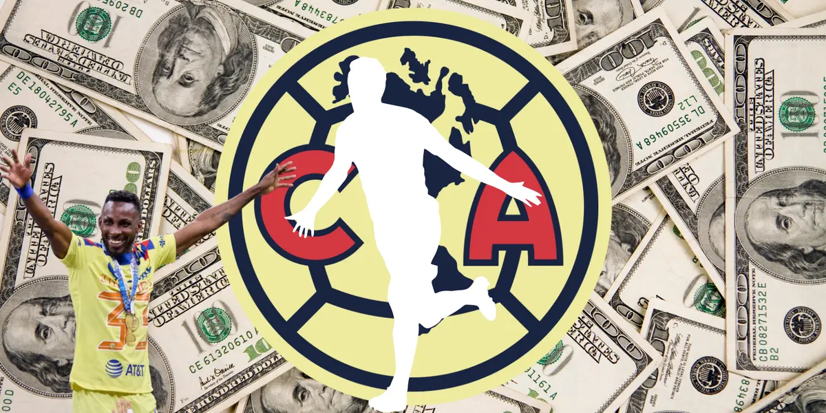 Fondo de dólares tomado de Canva con Quiñones celebrando y escudo del América.