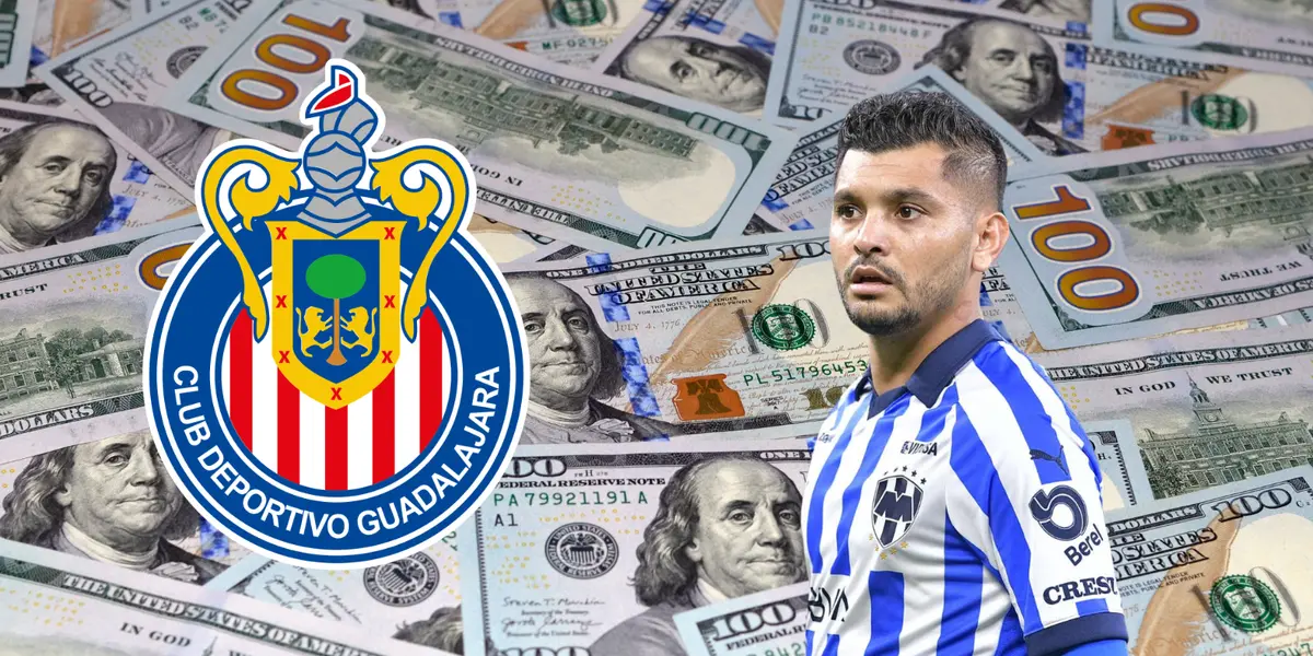 Fondo de dólares tomado de Canva, con Tecatito y escudo de Chivas