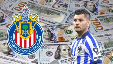 Fondo de dólares tomado de Canva, con Tecatito y escudo de Chivas