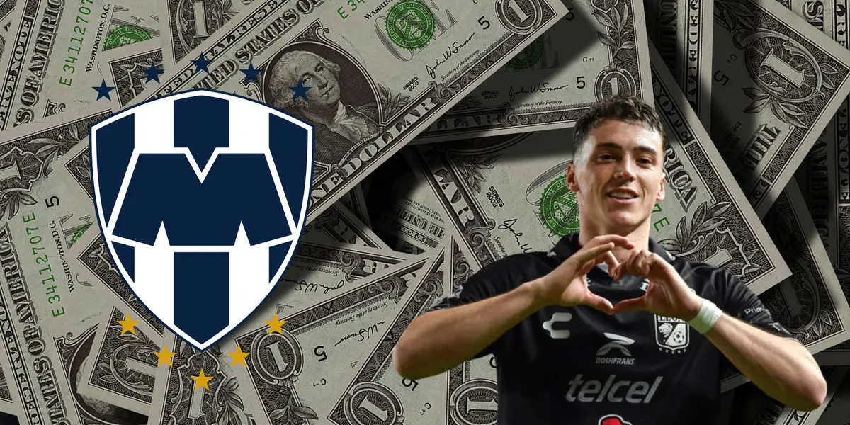 Fondo de dólares tomado de Canva, con Viñas y escudo de Rayados