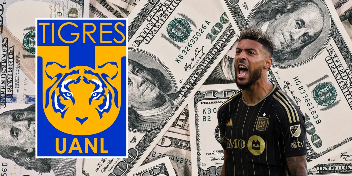 Fondo tomado de Canva, con Denis Bouanga y escudo de Tigres