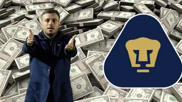 Fondo tomado de Canva, con escudo de Pumas y Anselmi al frente