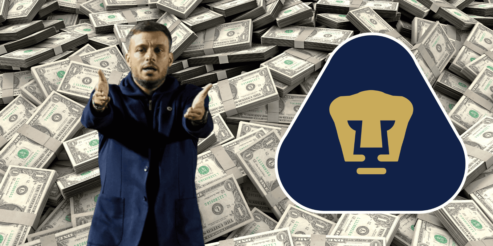 Fondo tomado de Canva, con escudo de Pumas y Anselmi al frente