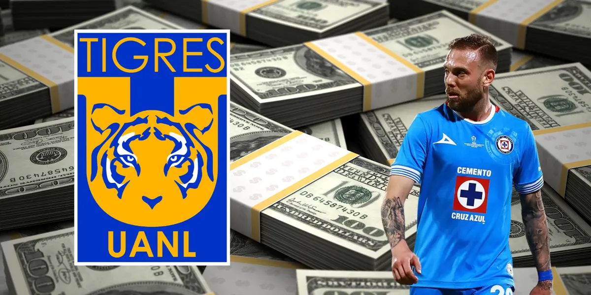 Fondo tomado de Canva, con Rotondi al frente y escudo de Tigres