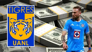 Fondo tomado de Canva, con Rotondi al frente y escudo de Tigres