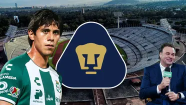 Fondo tomado de Wikipedia, con JJ Macías, escudo de Pumas y Faitelson al frente