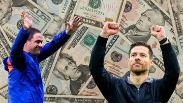 Foto de dólares tomada de Canva, con Jardine y Xavi Alonso celebrando victorias con América y Leverkusen respectivamente.
