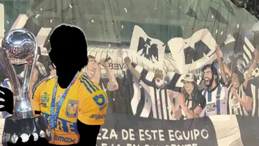 Futbolista de Tigres junto a lona de Rayados / FOTO X