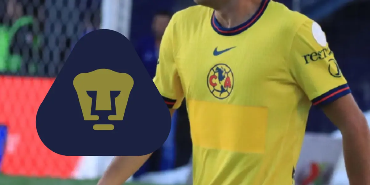 Futbolista del América junto al escudo de Pumas / FOTO ESTO