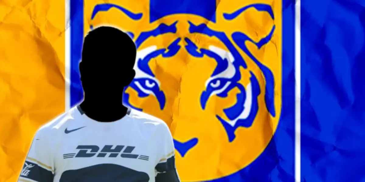 Futbolista incógnito de Pumas junto al escudo de Tigres / FOTO RÉCORD
