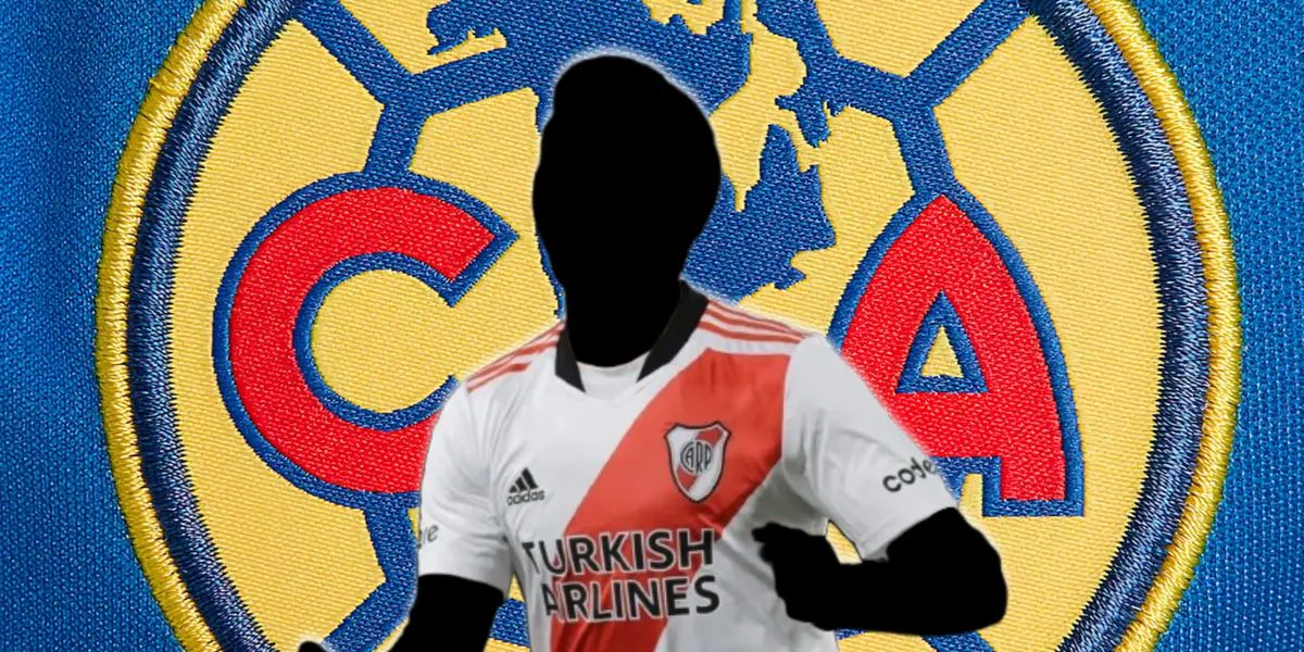 Futbolista incógnito de River Plate junto al escudo del América / FOTO TYC SPORTS