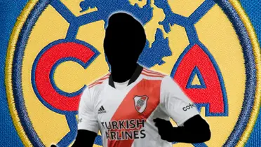 Futbolista incógnito de River Plate junto al escudo del América / FOTO TYC SPORTS
