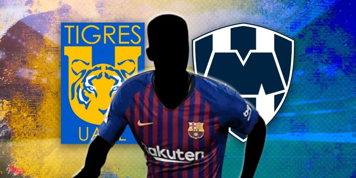 Futbolista incógnito del Barcelona junto a escudos de Tigres y Rayados / FOTO FC BARCELONA FORUM