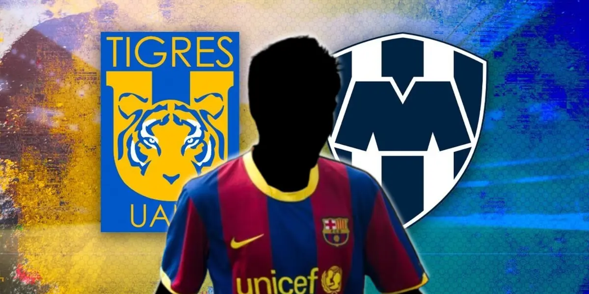 Futbolista incógnito del Barcelona junto al escudo de Tigres y Monterrey / FOTO SPORT