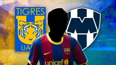 Futbolista incógnito del Barcelona junto al escudo de Tigres y Monterrey / FOTO SPORT