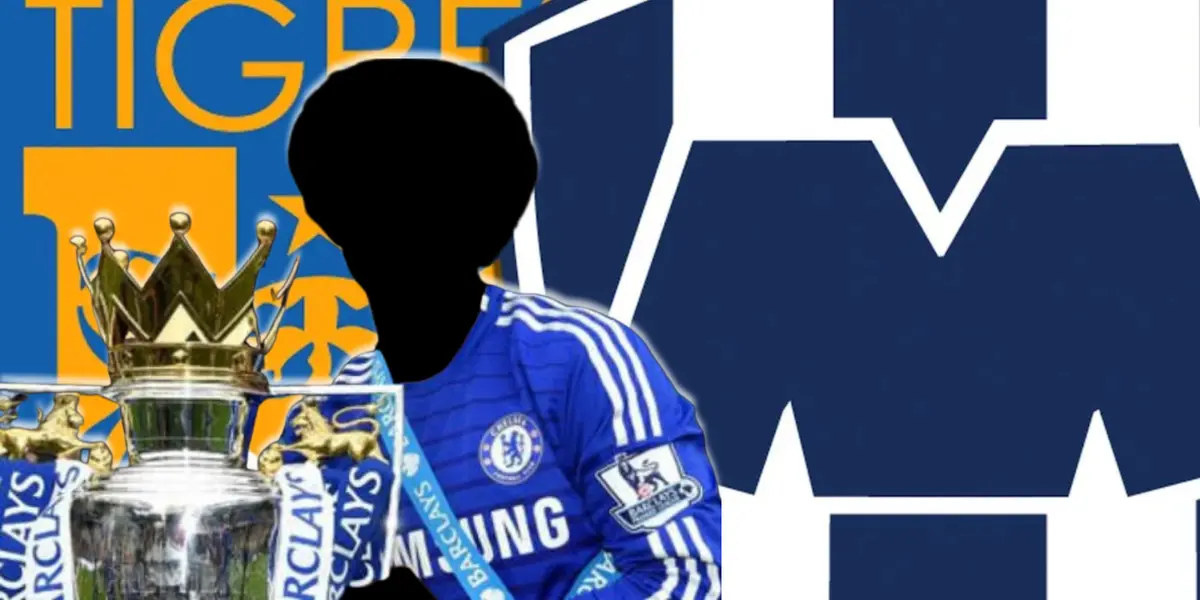 Futbolista incógnito del Chelsea junto a los escudos de Tigres y Rayados / FOTO FUTBOLRED