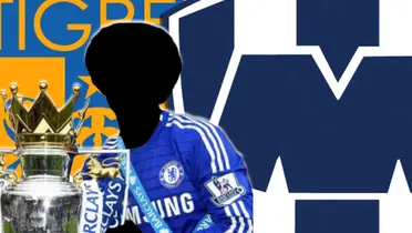 Futbolista incógnito del Chelsea junto a los escudos de Tigres y Rayados / FOTO FUTBOLRED