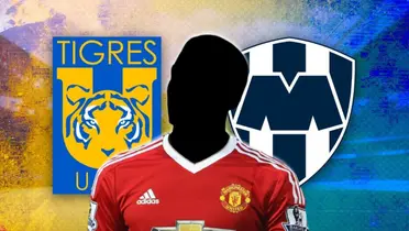 Futbolista incógnito del Manchester United junto a los escudos de Tigres y Monterrey / FOTO MARCA