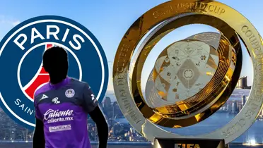 Futbolista incógnito del Mazatlán junto al escudo del PSG / FOTO FACEBOOK