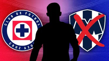 Futbolista incógnito junto a los escudos de Cruz Azul y Rayados / FOTO SPORT JUDGE