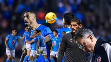 Futbolistas celebrando, Jesús Corona, emoji riendo y Juan Osorio/ Foto Cruz Azul.