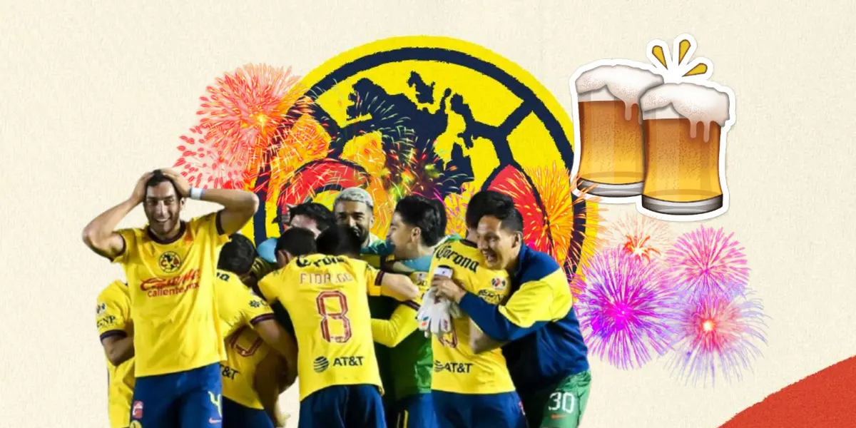 Futbolistas del América celebrando y emoji de cerveza/ Foto Atlas.