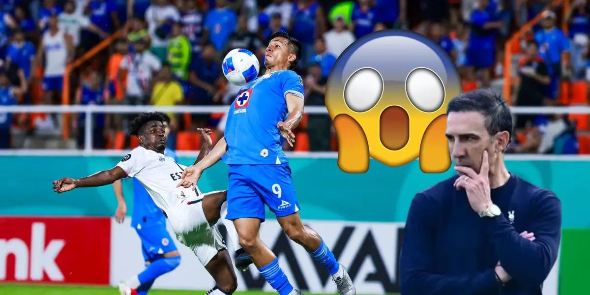 Futbolistas disputando balón, emoji sorprendido y Vicente Sánchez/ Foto Cruz Azul.