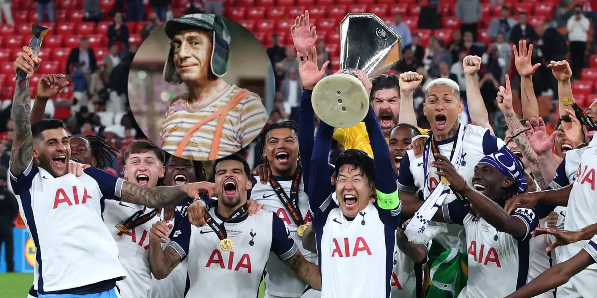 Futbolistas levantando trofeo e imagen del Chavo del 8/ Foto Tottenham.