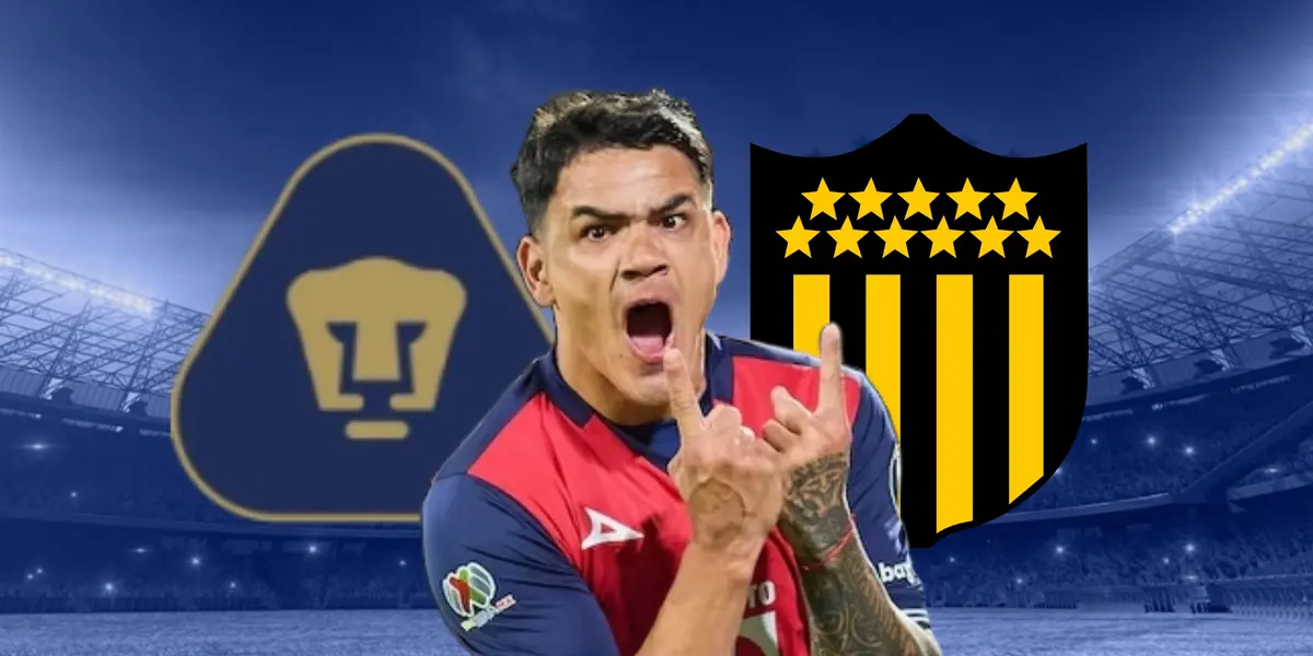 Gabriel Fernández y escudos de Pumas y Peñarol/Foto SportyTrader.