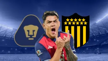 Gabriel Fernández y escudos de Pumas y Peñarol/Foto SportyTrader.