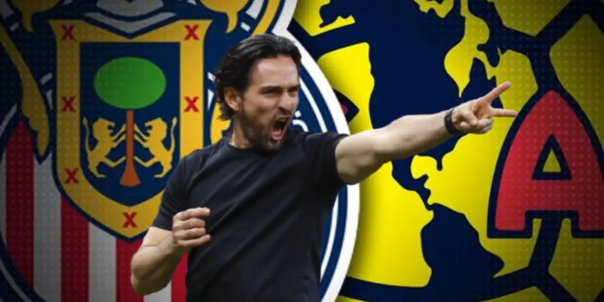Gerardo Espinoza junto a escudos de Chivas vs América / FOTO X