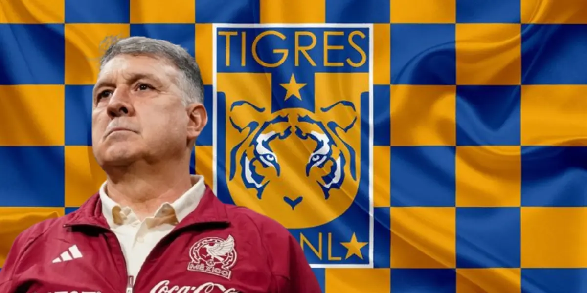 Gerardo Martino junto al escudo de Tigres