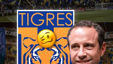 Gerardo Torrado, emoji haciendo gestos y detrás el escudo de Tigres/ Foto Oferten Oferten.