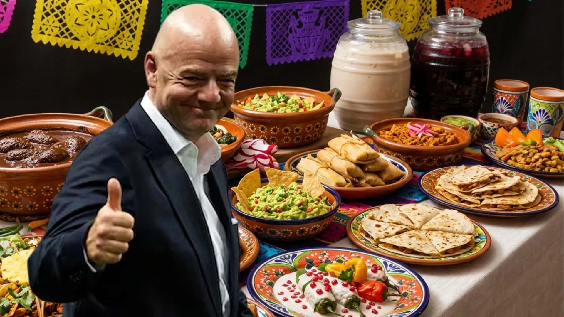 Gianni Infantino durante el sorteo del Mundial, al fondo mesa con comida tradicional mexicana