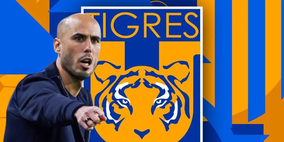 Guido Pizarro junto al escudo de Tigres / FOTO LA RAZÓN MÉXICO