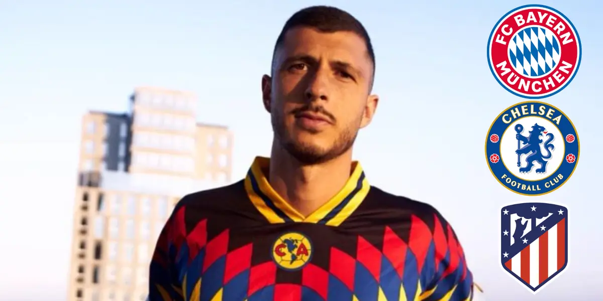 Guido Rodríguez con playera retro del América y con escudos del Bayern, Chelsea y el Atlético de Madrid. Foto: América.