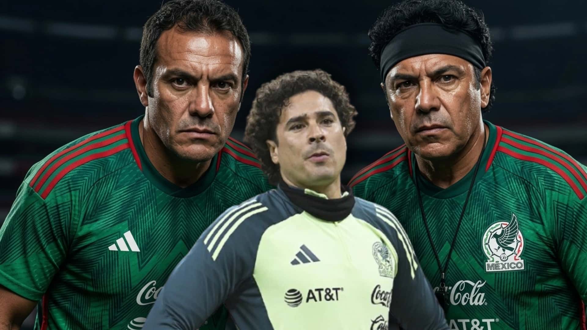 Guillermo Ochoa con la selección mexicana y de fondo ilustración de Cuauhtémoc Blanco y Hugo Sánchez