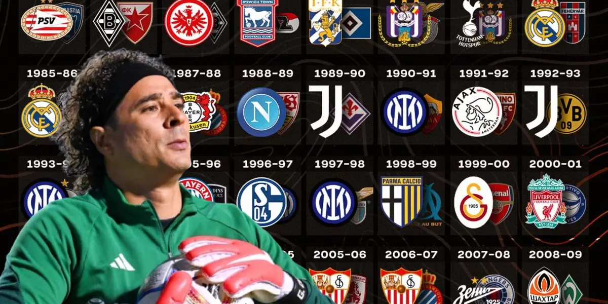 Guillermo Ochoa junto a escudos de clubes de la Europa League