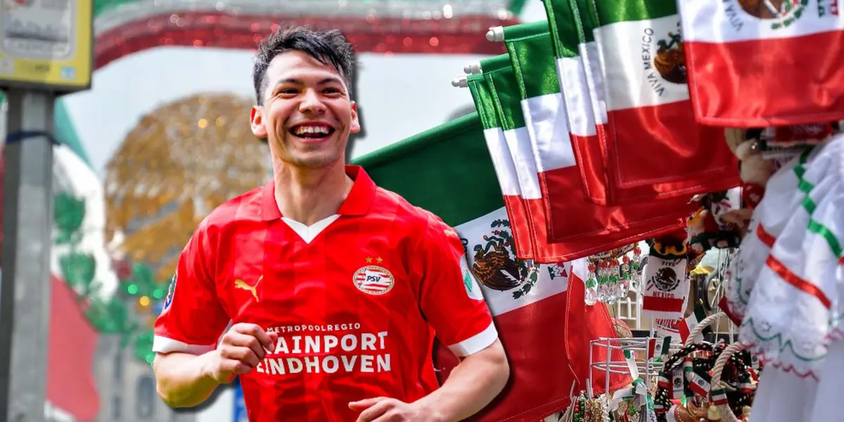 Hirving Lozano sarmiente y banderas de México detrás/ Foto Noticieros Televisa.