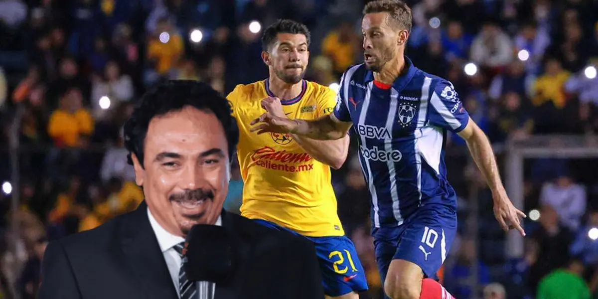 Hugo Sánchez con micrófono y jugadores de América y Rayados/ Foto Fútbol Total.