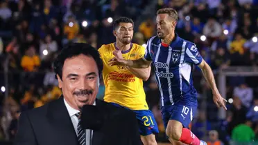 Hugo Sánchez con micrófono y jugadores de América y Rayados/ Foto Fútbol Total.