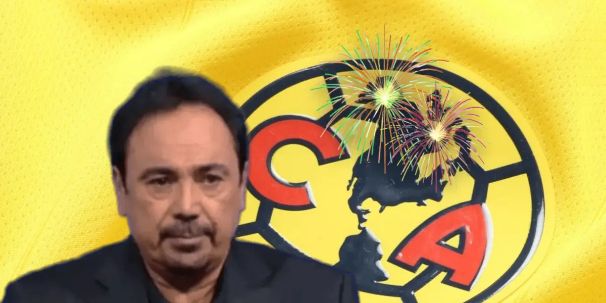 Hugo Sánchez con ojos vidriosos y escudo del América entre fuegos artificiales/ Foto Ameshop.