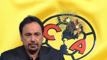 Hugo Sánchez con ojos vidriosos y escudo del América entre fuegos artificiales/ Foto Ameshop.