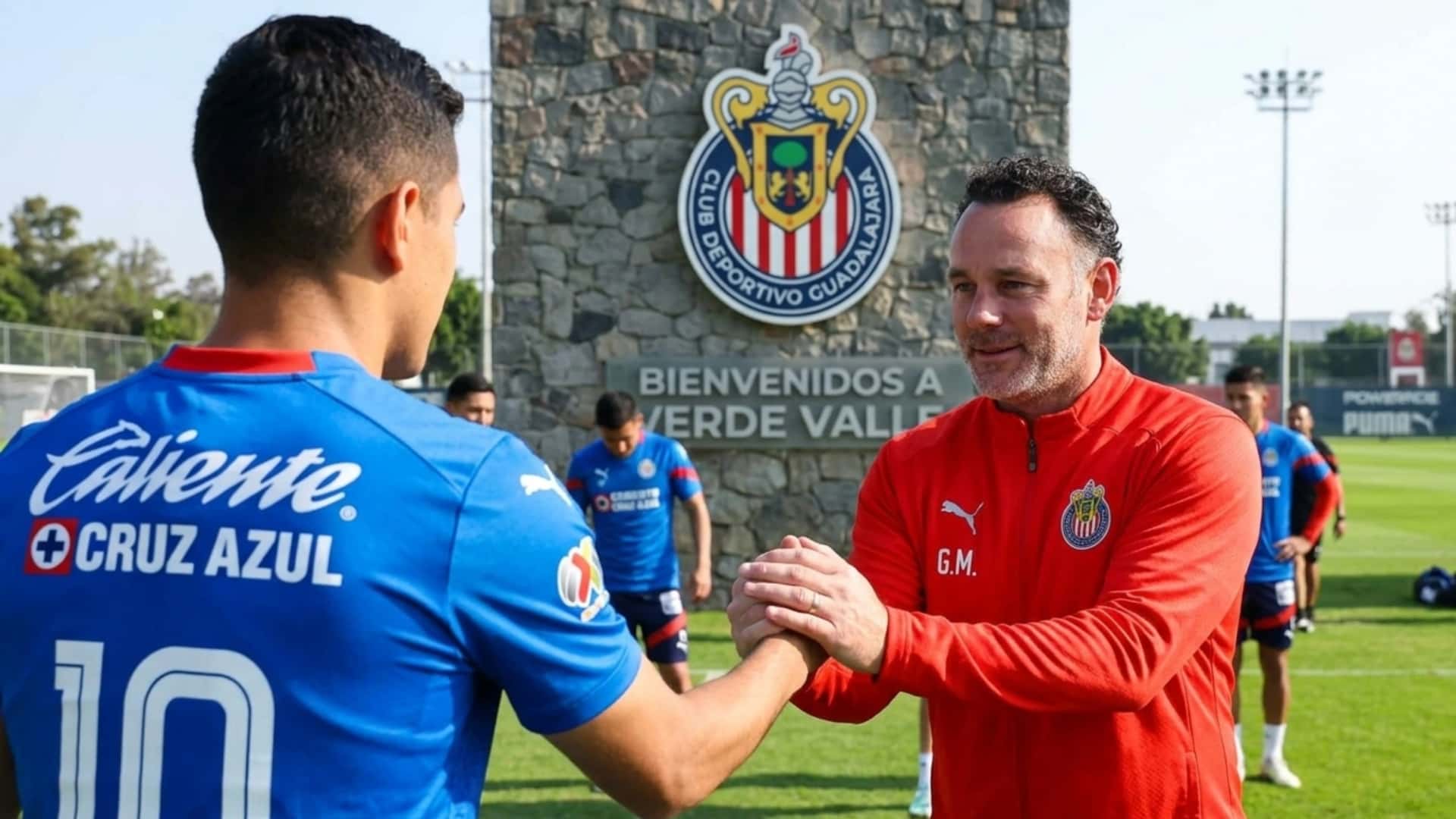 Ilustración digital de Gabriel Milito recibiendo un jugador de Cruz Azul