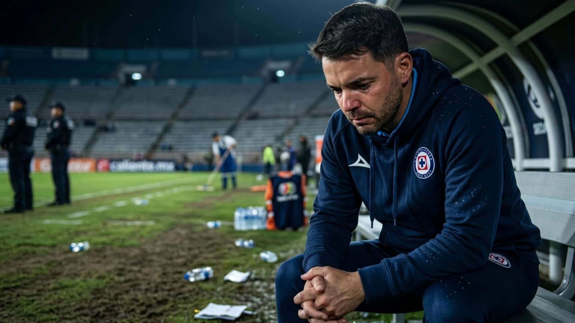 Ilustración digital de Nicolás Larcamón preocupado en Cruz Azul
